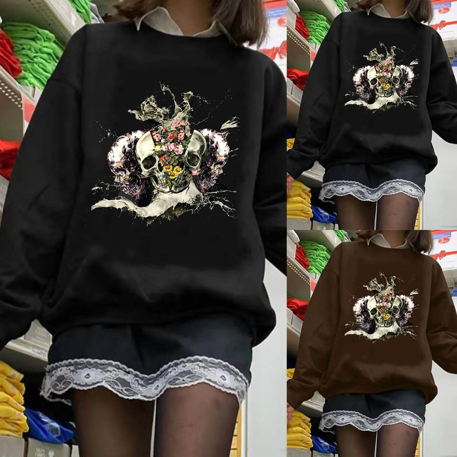 

Женский свитшот с круглым вырезом, Свободный пуловер с принтом черепа, в готическом стиле, 813 # Q, для Хэллоуина