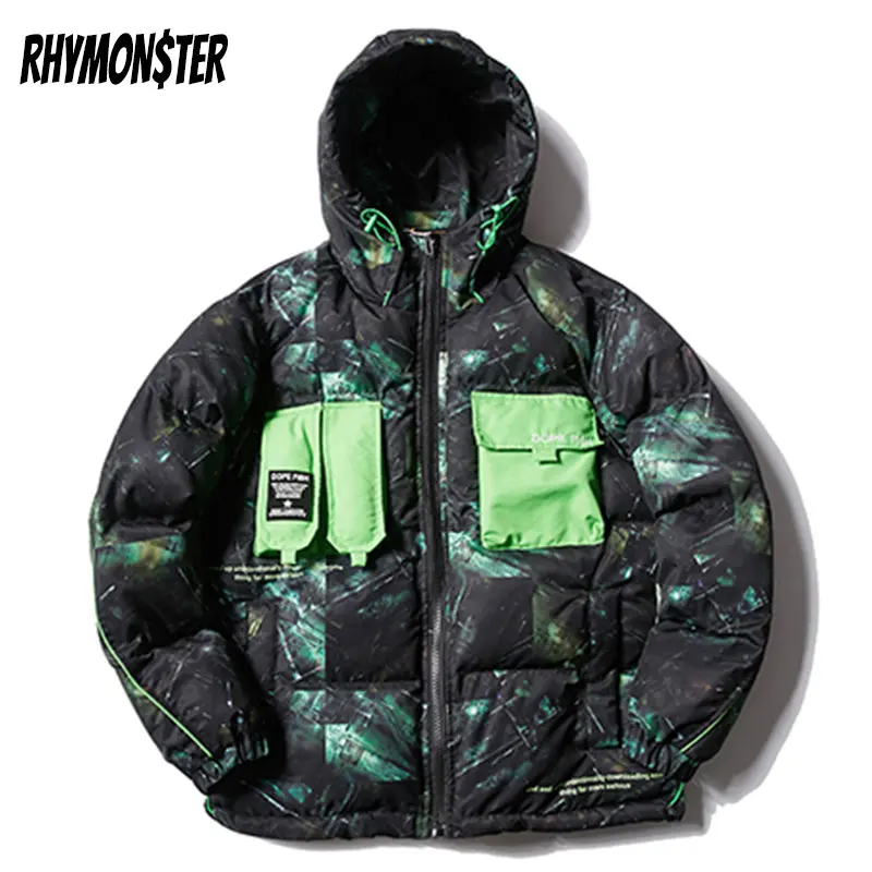 Мужская парка с капюшоном и граффити RHYMONSTER асимметричными карманами контрастных