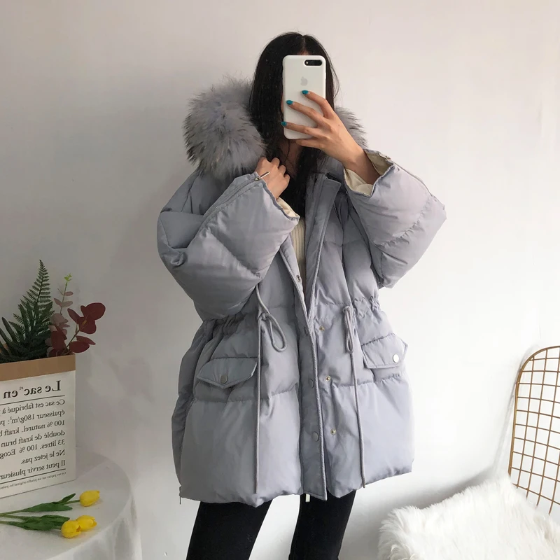 Куртка Janveny женская с большим капюшоном из натурального меха енота пуховик в