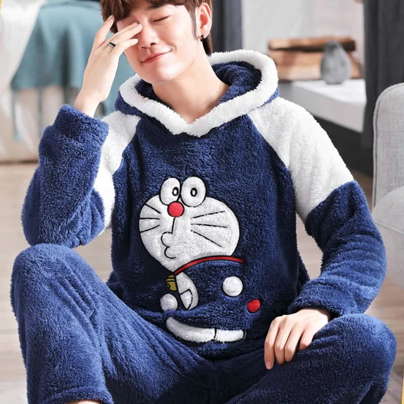 

Doraemon Warm Thick Pyjamas Women Set Cartoon Long Sleeve Hooded Pijama Feminino Cute Fleece Night Suit Couple Korean