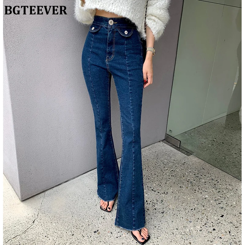 

BGTEEVER Spring Chic Women Flare Denim Jeans High Waist Button Skinny Female Jeans Pants Vintage Ladies Trousers 2022