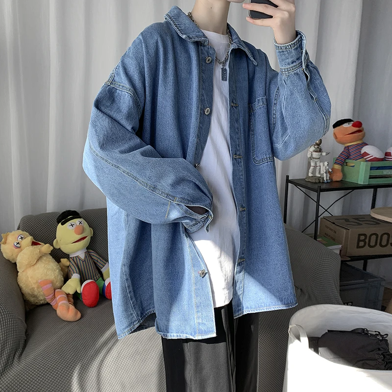 

Хлопковая джинсовая куртка для мужчин, модные повседневные синие и черные джинсовые куртки в стиле ретро, уличная одежда, Корейская Свободн...