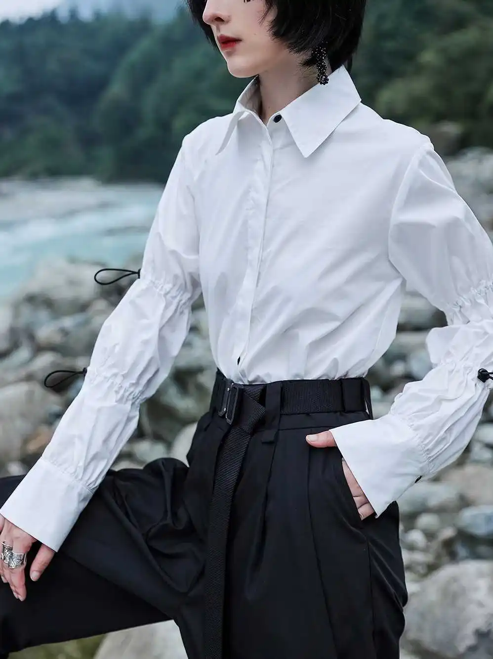 

IEQJ 2021 new summer fashion women clothes turn-down collar flare sleeves single breasted cotton shirt female blouse