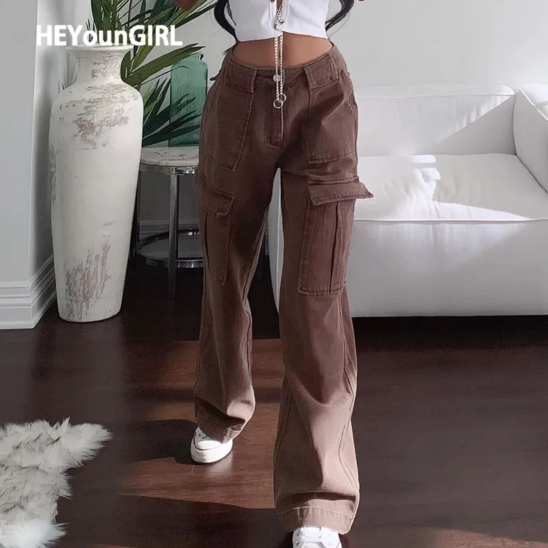 

HEYounGIRL Casual Brown Jeans Woman Y2K High Waisted Cargo Pants Women Pocket Fashion Straight Long Trousers Ladies Streetwear