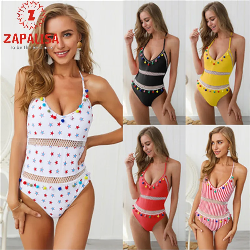 Zapalisa цельное ажурное Сетчатое из кусков сексуальное бикини со звездами в полоску