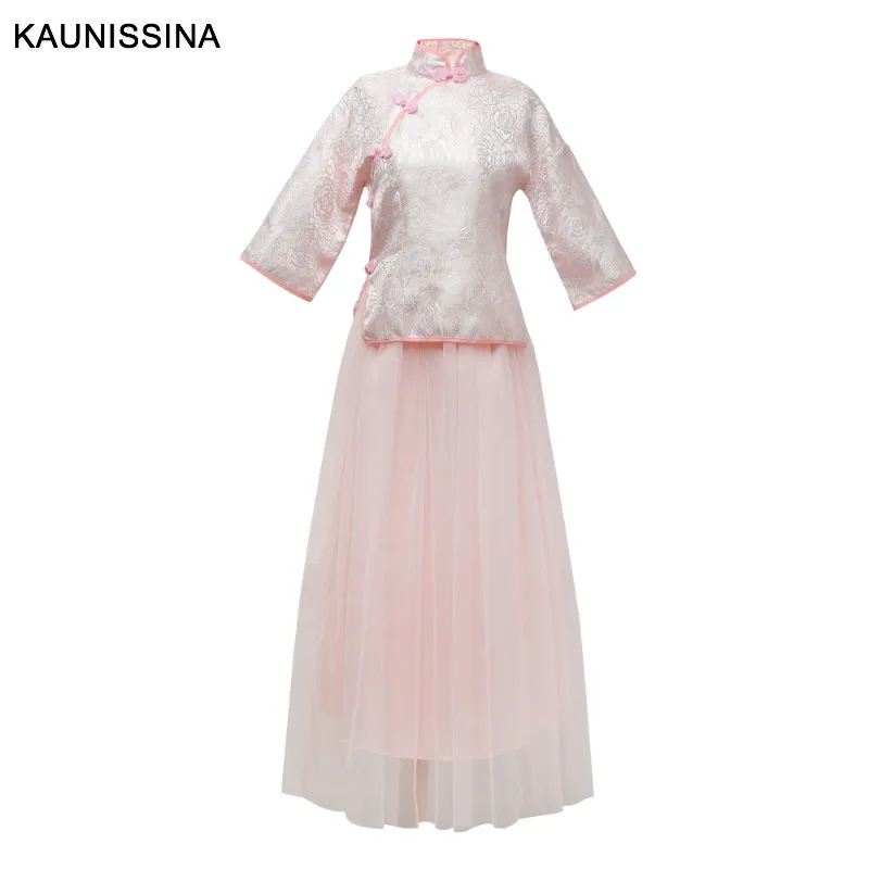 KAUNISSINA Wedding Bridesmaid Dress Elegant Qipao Traditional Chinese Women Mandarin Collar Vestido Two Piece Dresses | Свадьбы и