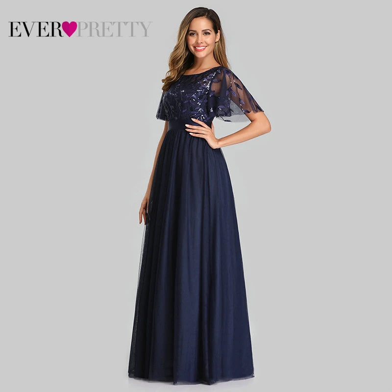 Robe De Soiree блестящие вечерние платья Длинные Ever Pretty EP00904GY A-Line o-образным вырезом с коротким рукавом Вечерние платья женские элегантные платья