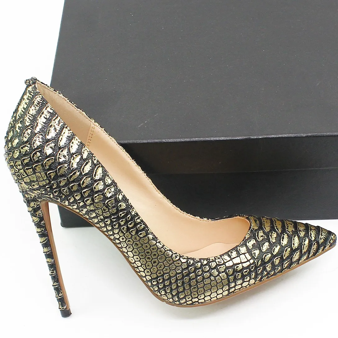 Женские туфли-лодочки из змеиной кожи на тонком высоком каблуке | Обувь