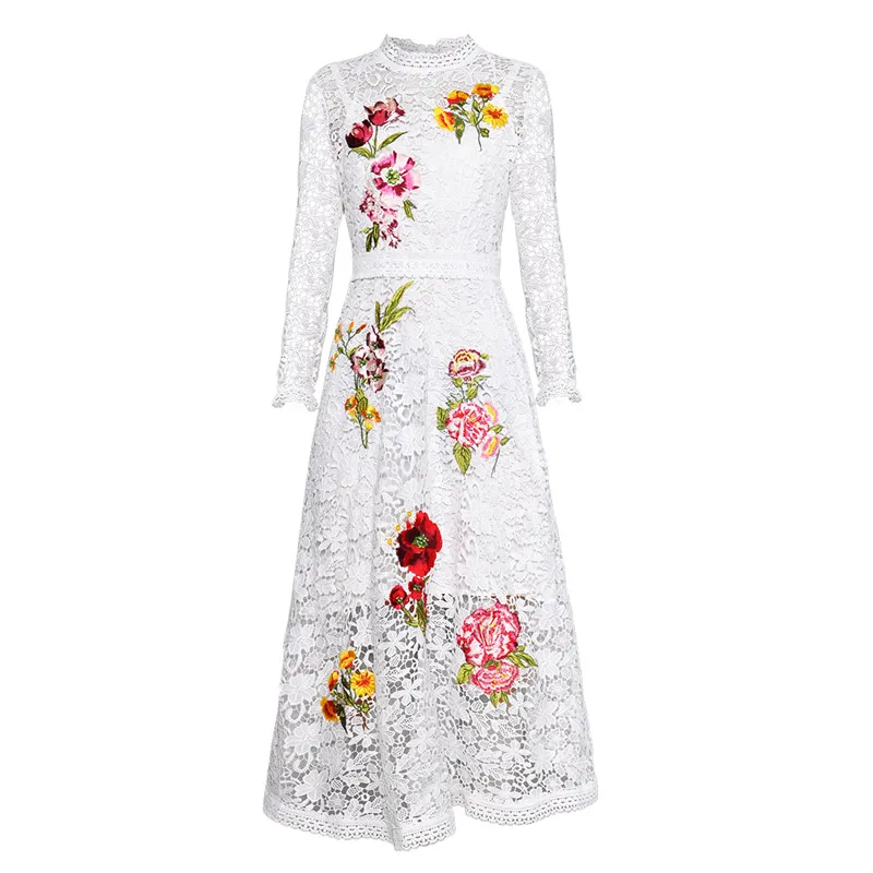 

floral embroidered black / white lace party dress women clothes fashion dress o-neck long sleeve a line transparent dress