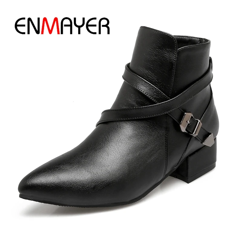 

ENMAYER 2018 New fashion women pointed toe ankle boots lady buckle strap square heel boots Big size 34-43 ZYL271