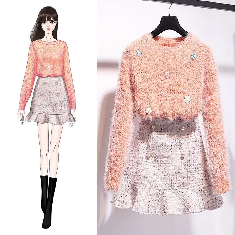 Женский шерстяной комплект из 2 предметов милый свитер с цветочной аппликацией и