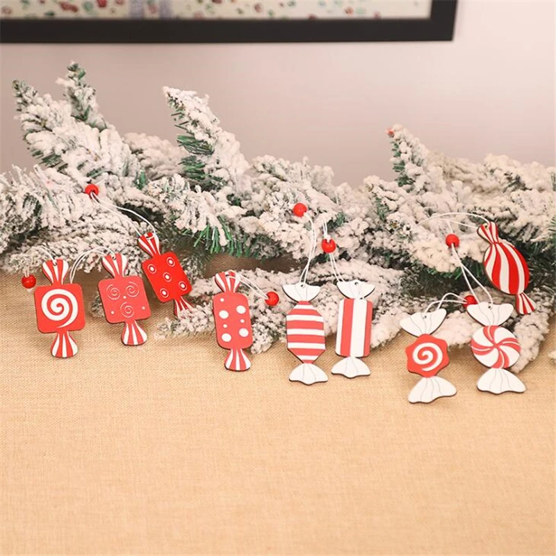 

3 Pcs/pack Christmas Wooden Pendants Candy Shape Pendants Xmas Tree Family Party 3D New Year Decorations