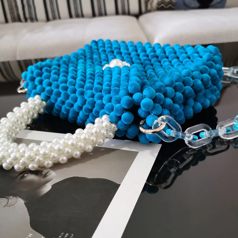 

New Beading Blue Color Evening Bags Chain Shoulder Female Mesenger Purse Hollow Cocktail Ladies Mini Wallets