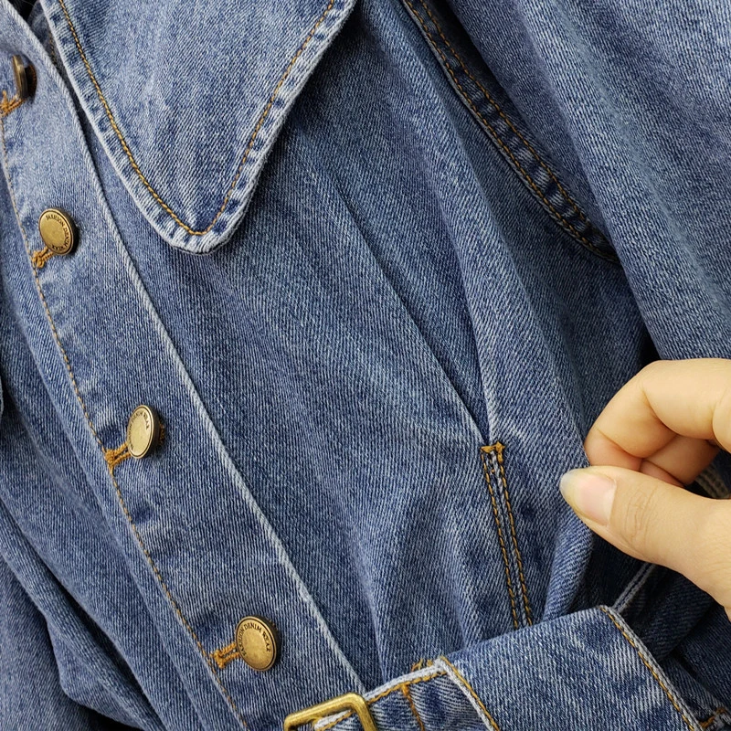 

Patchwork Denim Coat For Women Peter Pan Collar Long Sleeve High Waist Lace Up Korean Coats Female 2020 Spring New Clothing K592