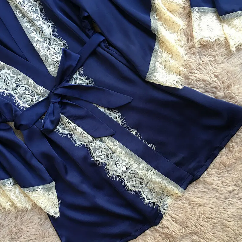 

3PCS Sexy Womens Kimono Robe Satin Silk Lace Night Dress Gown Sleepwear Shorts