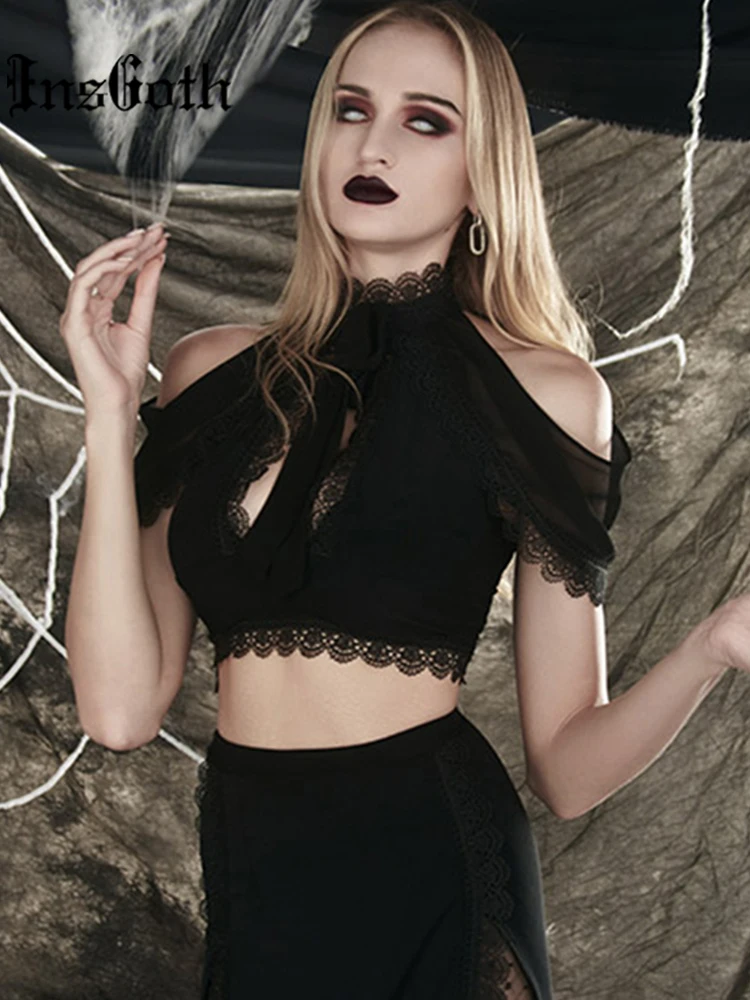

InsGoth Gothic Sexy Black Hollow Out T-Shirt Streetwear Mesh Patchwork Lace Up Cropped Tops Chic Aesthetic Women Fall Basic Tees