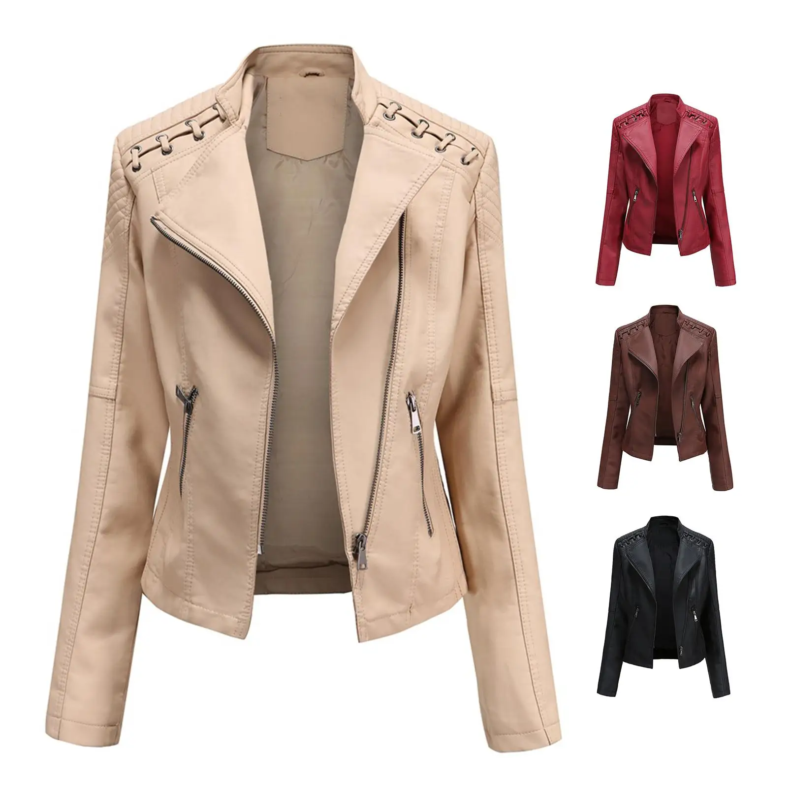 

Women Autumn Winter Faux Leather Jacket Zipper Stand Collar Motorcycle Slim Coat