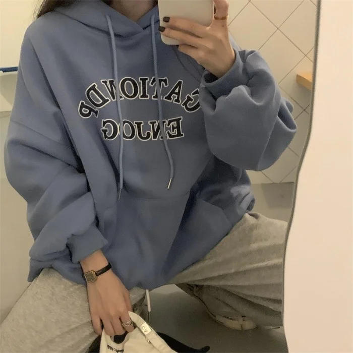 

Grey Plush Hoodie Women's Autumn Loose Bf Letters Printed Salt Fried Street Top Fashion