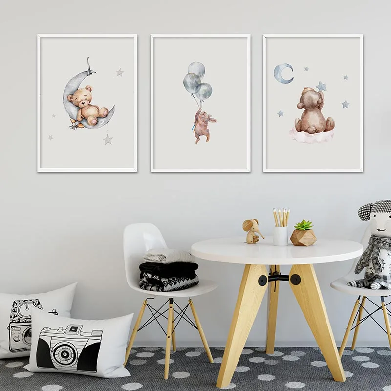 

Poster Baby Nursery Wall Art Prints Bear Bunny Woodland Animal Canvas Painting Pictures Nordic Kids Baby Slaapkamer Decoratie