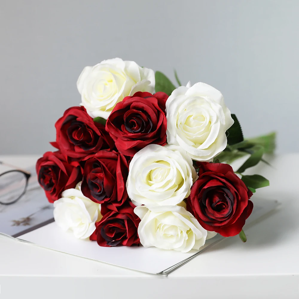 11 шт./лот Свадебный букет из роз Искусственные цветы белые красные цвета