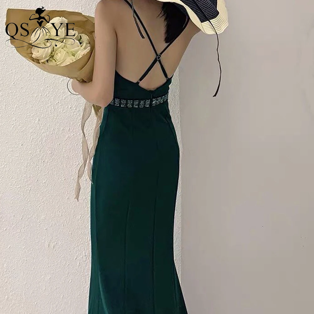 

Emerald Evening Dress Mermaid Long Prom Gown Open Back Sexy V Neck Green Dress Women Ruched Waist Beading Sash Party Dress