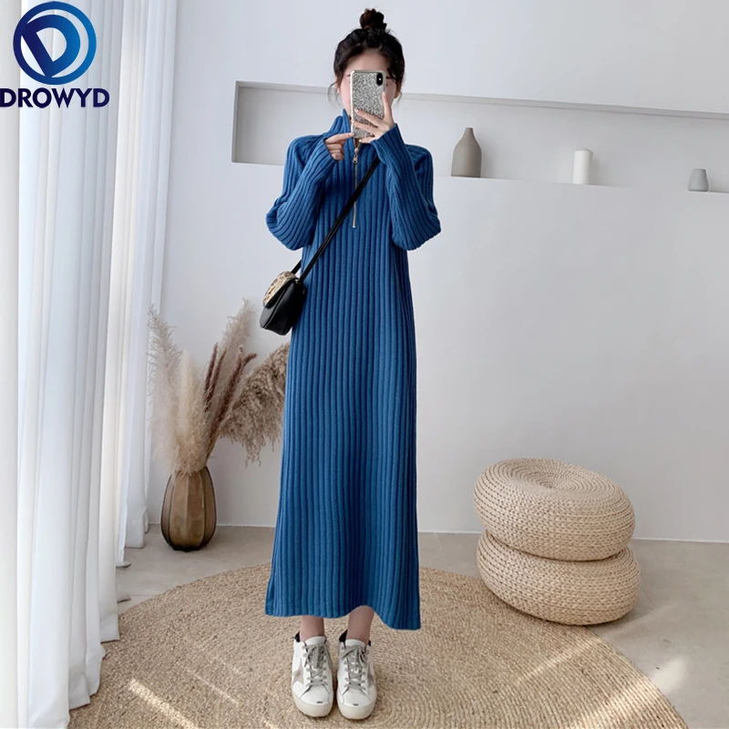 

2021 Autumn and Winter Long Over The Knee Loose Straight Half High Neck Sweater Skirt Knitted Dress Women Stretch Pullover Dress