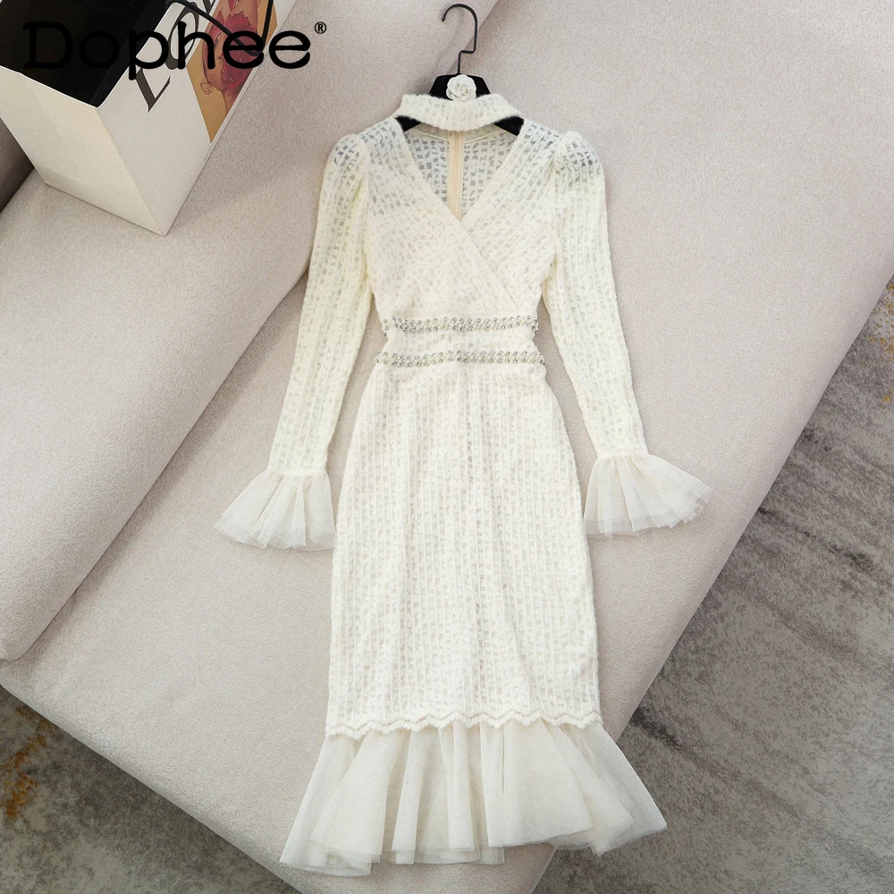 

Flared Long Sleeve Sexy Hollow V-neck Lace Dress Women High Waist Beaded Slim-Fit A- Line Fishtail Dress 2021 Winter Maxi Dress