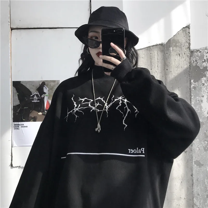Harajuku уличная свободная толстовка с длинными рукавами и принтом молнии|Женские