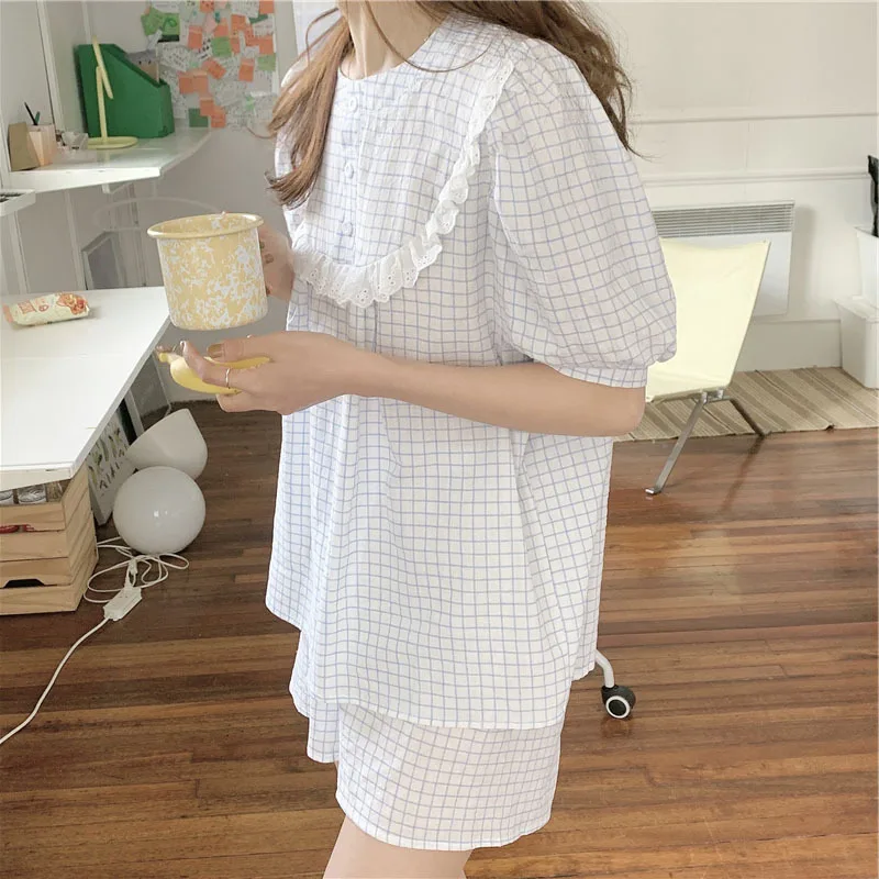 2021 Summer New Women's Pajamas Sets Household Suit Lace Nightgown Bubble Sleeve Cotton Nightwear Lady Sleepwear Sleeping Wear