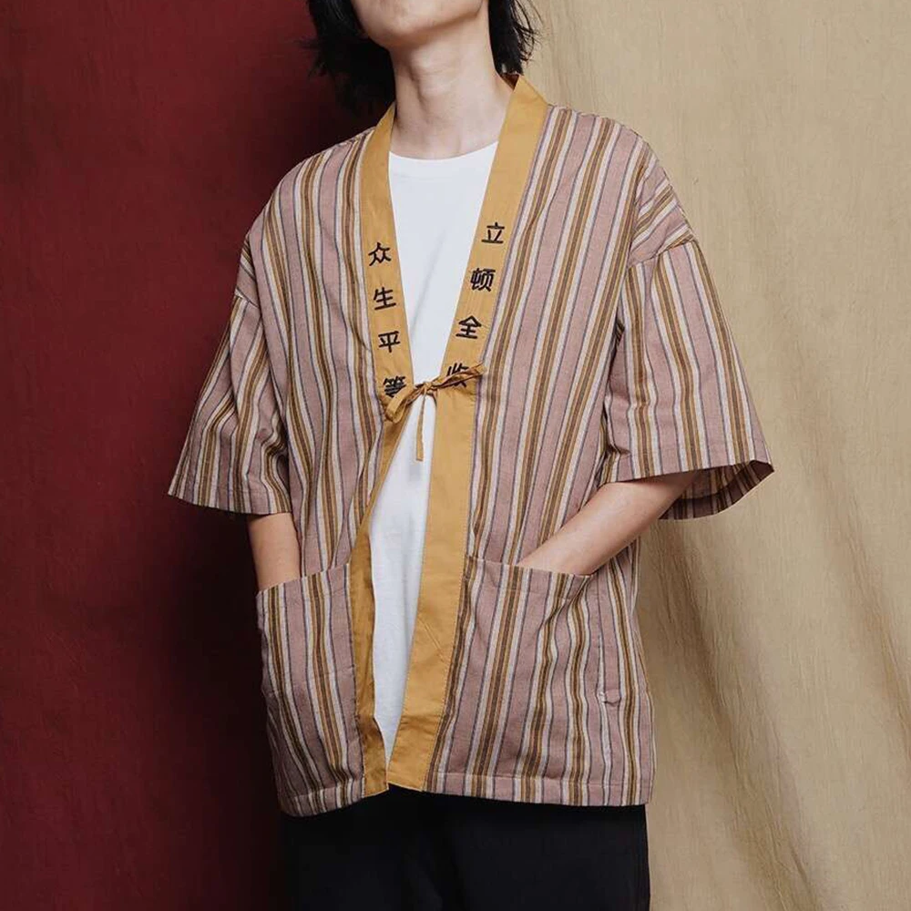 Мужская рубашка с вышивкой в японском стиле коротким рукавом | одежда