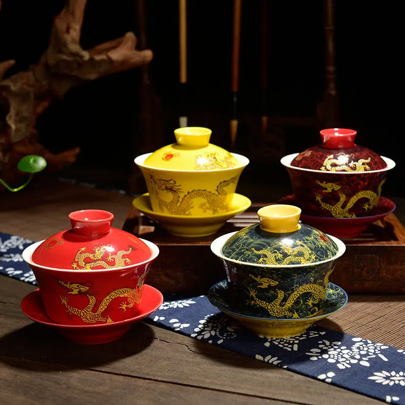 

Ceramic Sancai Gaiwan Tea Cup Single Retro Qing Dynasty Sichuan Gaiwan Tea Dragon Pattern Chinese Style Tea Cover Bowl Yellow