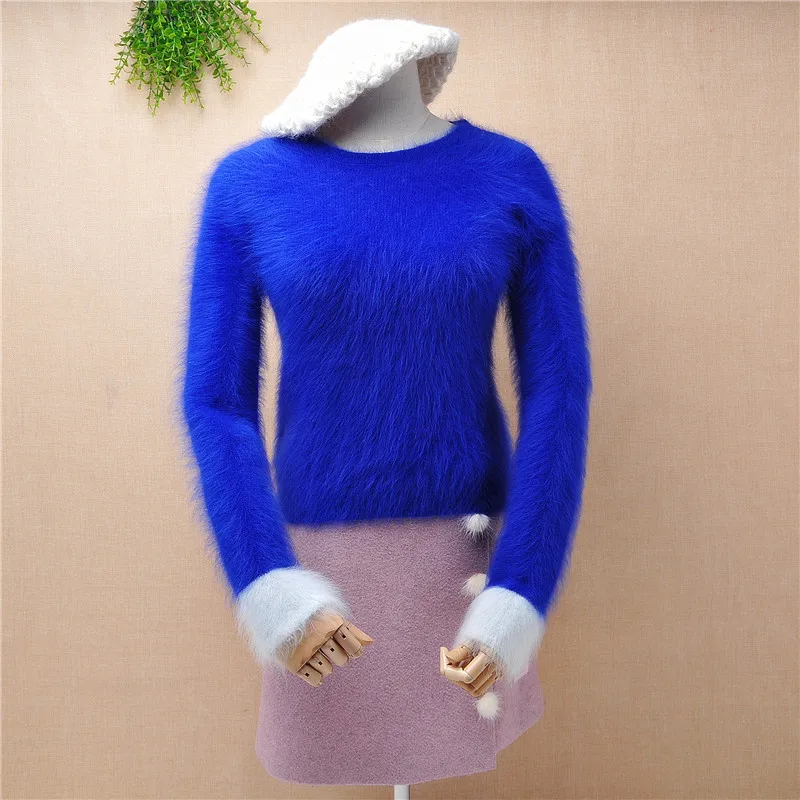 

YT057 ladies women short style fashion blue hairy mink cashmere slim pullover angora rabbit fur knit jumper fall winter sweater