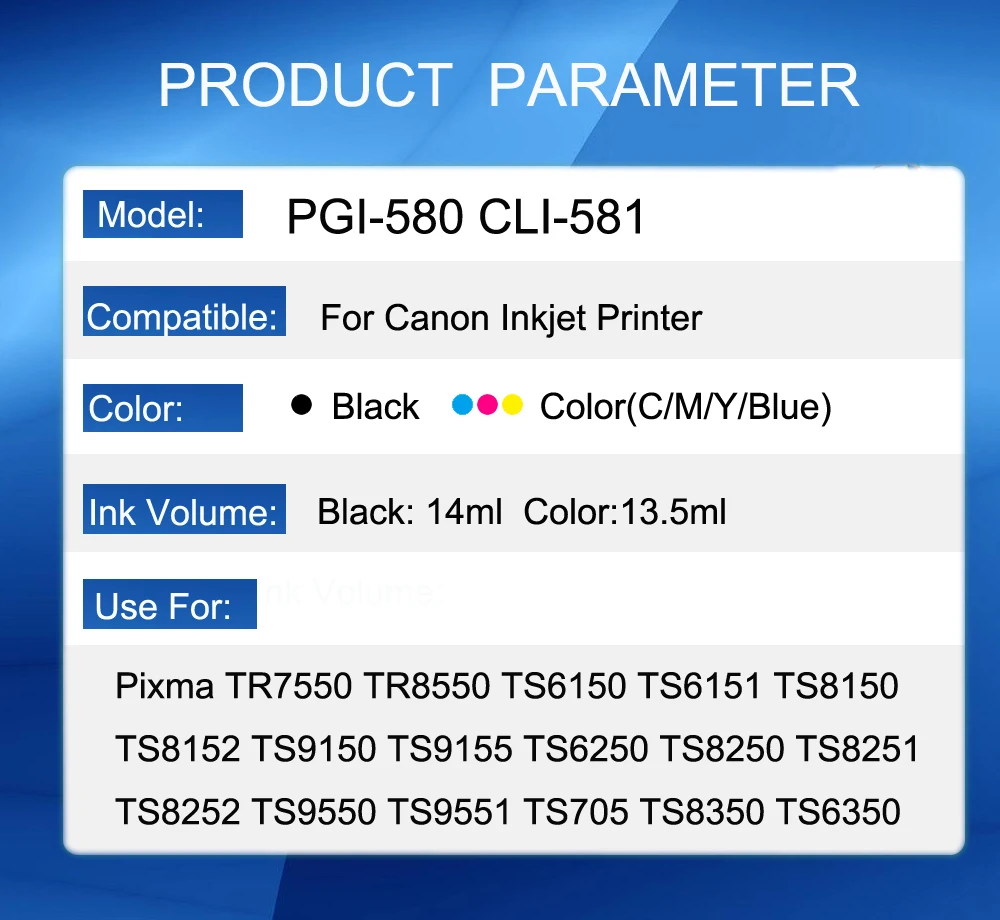 6pcs PGI580 CLI581 Ink Cartridge For Canon PIXMA TS8150 TS8151 TS8152 TS8250 TS8251 TS8252 TS8350 TS9150 TS9155 printer | Компьютеры и