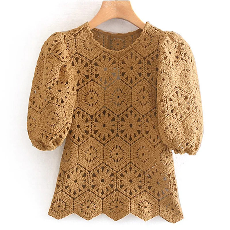 Fandy lokar, вязаные крючком футболки для женщин, модные однотонные топы с пышными рукавами и круглым вырезом для женщин, элегантные открытые футболки для женщин и девушек, HW - Цвет: WWTE1255