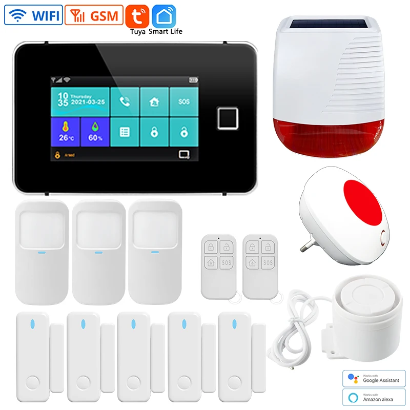 Alarm System Tuya Smart WiFi GSM 4.3 Inch TFT Screen Fingerprint Arming Burglar System 433MHz Sensor Alarm System Home Security