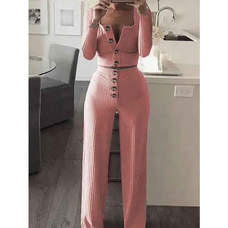 

Spring and Autumn New Ladies Suit Long-sleeved Cardigan Button Casual Simple Top + Solid Color Trousers Ladies 2-piece Set WF02
