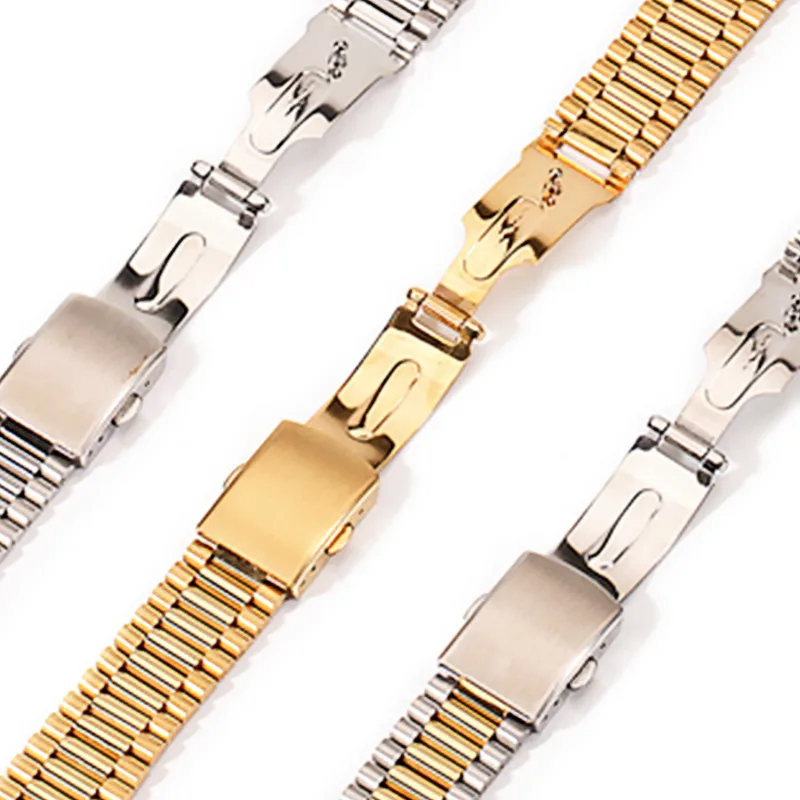 Luxury 12/14/16/18/20mm Solid Link Stainless Steel Watch Band 24mm Folding Clasp Safety Watches Strap Bracelet Replacement