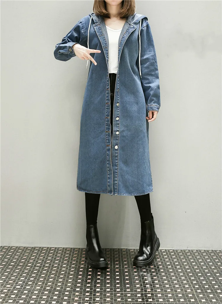 

Girls Autumn Long Sleeve Large Size 3xl 4xl 5xl Women Long Denim Windbreaker Female Overcoat Hooded Blue Trench Coat Streetwear