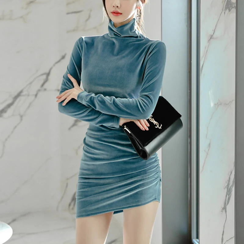 

PERHAPS U Women Blue Velvet Turtle Neck Evening Party Dresses Long Sleeve Ruched Bag Hip Ultrashort Mini Dress Korean D2187