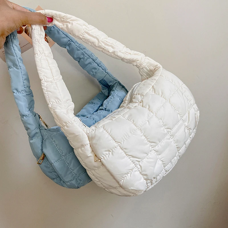

Small Down Fabric Baguette Bag for Women 2021 Lattice Designer Luxury Fashion Armpit Shoulder Purses and Handbags