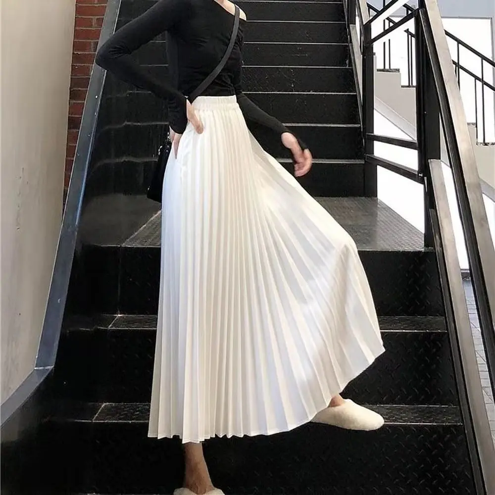 

2021 New Korean Fashion Spring Pleated Long Skirts Womens Maxi Skirt Female Casual High Waist Skirts Jupe Faldas