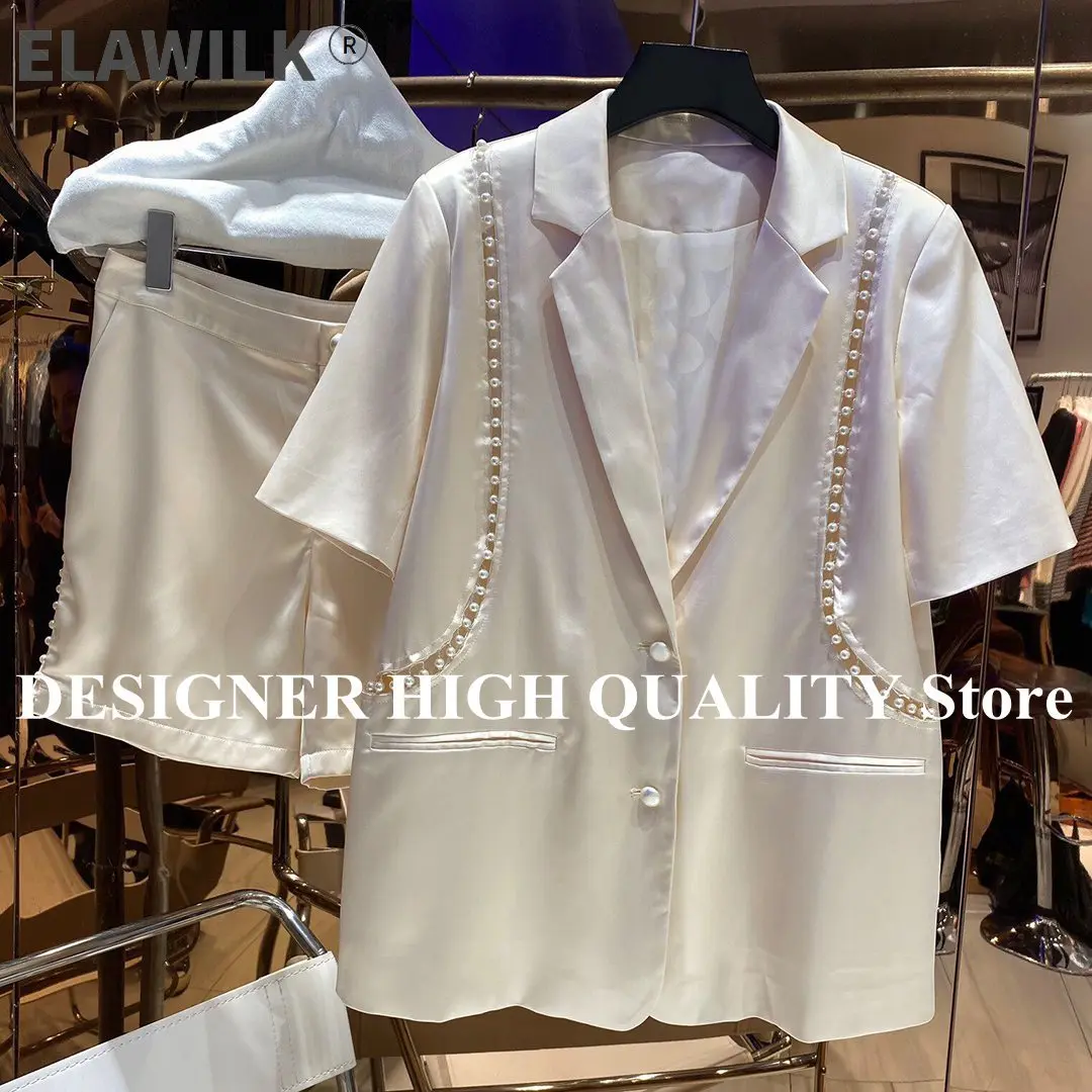 

Summer 2 Piece Set Women‘s Suits 100% Acetate Silk Short Sleeve Pearl Buttons Blazer Tops High Waist Loose Shorts Suit Satin Set