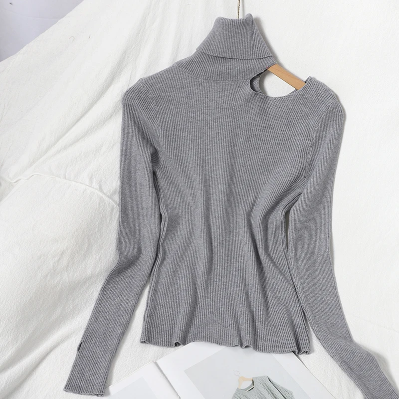 

Fashion Off-the-shoulder Sweater Spring and Autumn New All-match Slim Pullover Turtleneck Solid Color Base Shirt Female Fashion