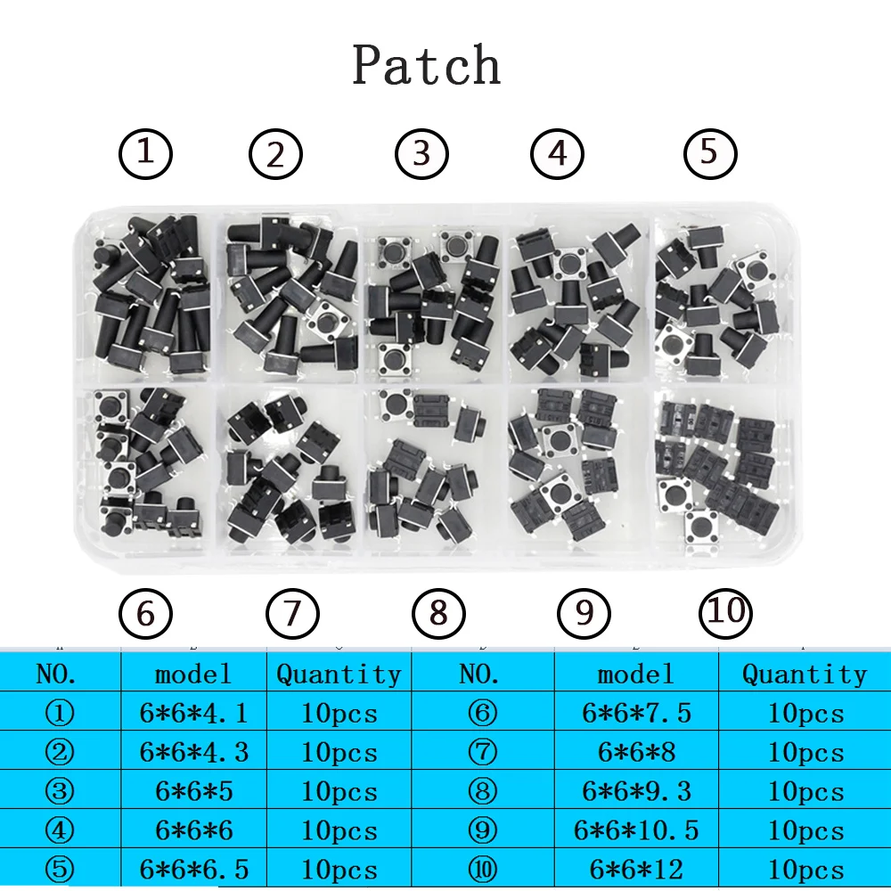 Тактовый выключатель 100 шт. вертикальный/патч 6*6*4 1/4 3/5/6/6.5/7.5/8/9.3/10.5/12 мм