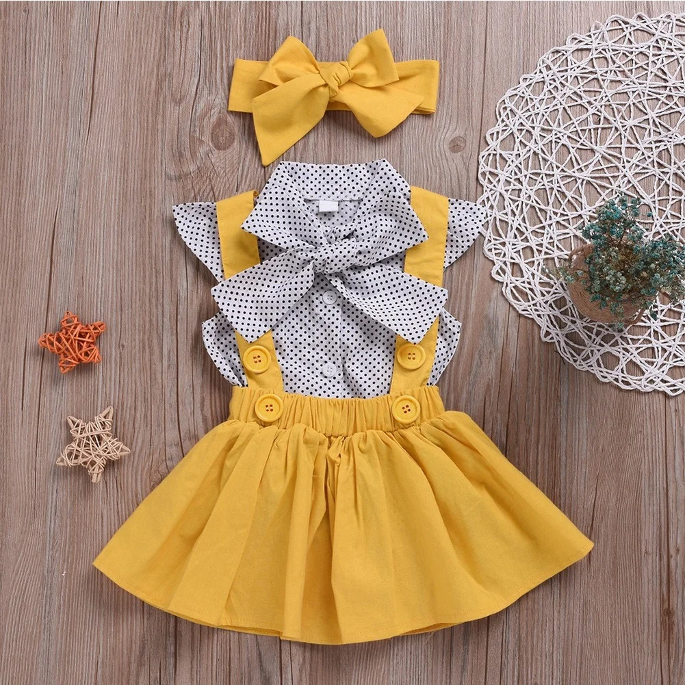 

Summer Children's Baby Girl Clothing Pure Color Flying Sleeve Top T-shirt + Bowknot Floral Short Skirt + Bowknot Three-piece Set