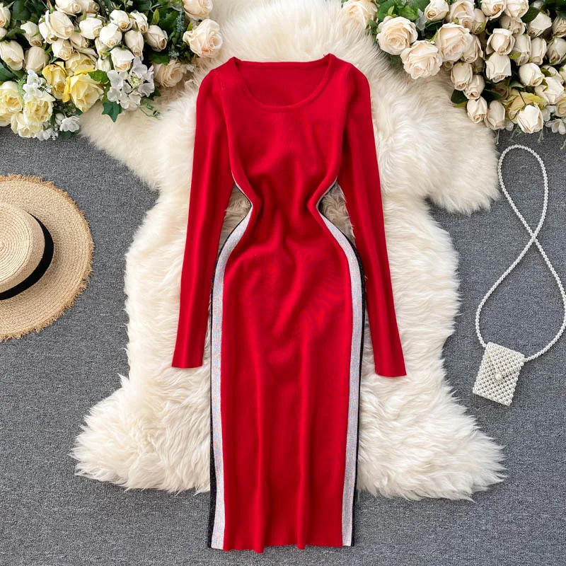 Женское трикотажное платье SINGRAIN осенне-зимнее в Корейском стиле с круглым