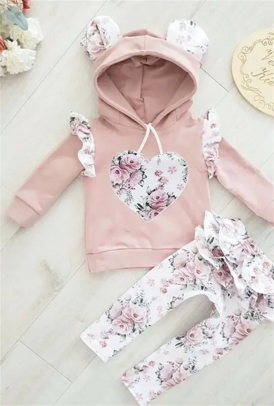 

Newborn Baby Girl Hooded Sweatshirt Ruffle Pants Trousers Outfit Clothes 2PCS