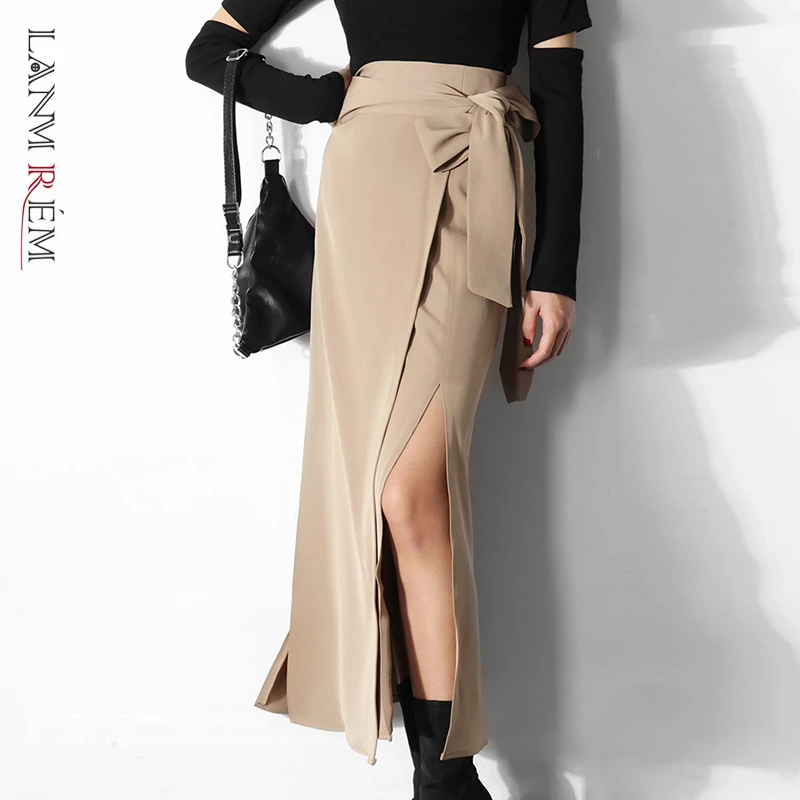 LANMREM can ship Новинка осени 2020 цельная юбка с разрезом элегантная высокой талией