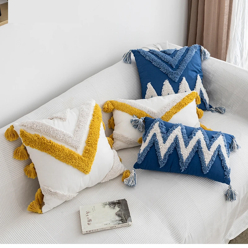 

Tufted Cushion Cover Moroccan Style Navy Blue Yellow Pillowcase Tassels Fringe Square Rectangle Pillow Cover 45x45cm/30x50cm
