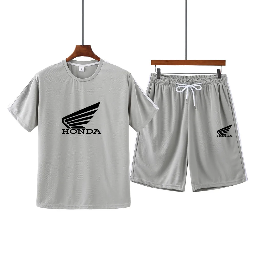 

Men's summer hot sale HONDA print round neck short sleeve + casual shorts sports running suit male MA14